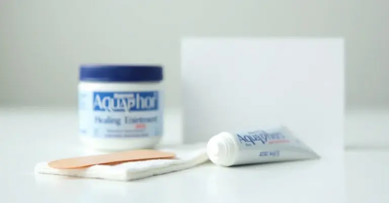 A jar of Aquaphor healing ointment and a tube of Aquaphor on a white surface with a small gauze pad nearby.