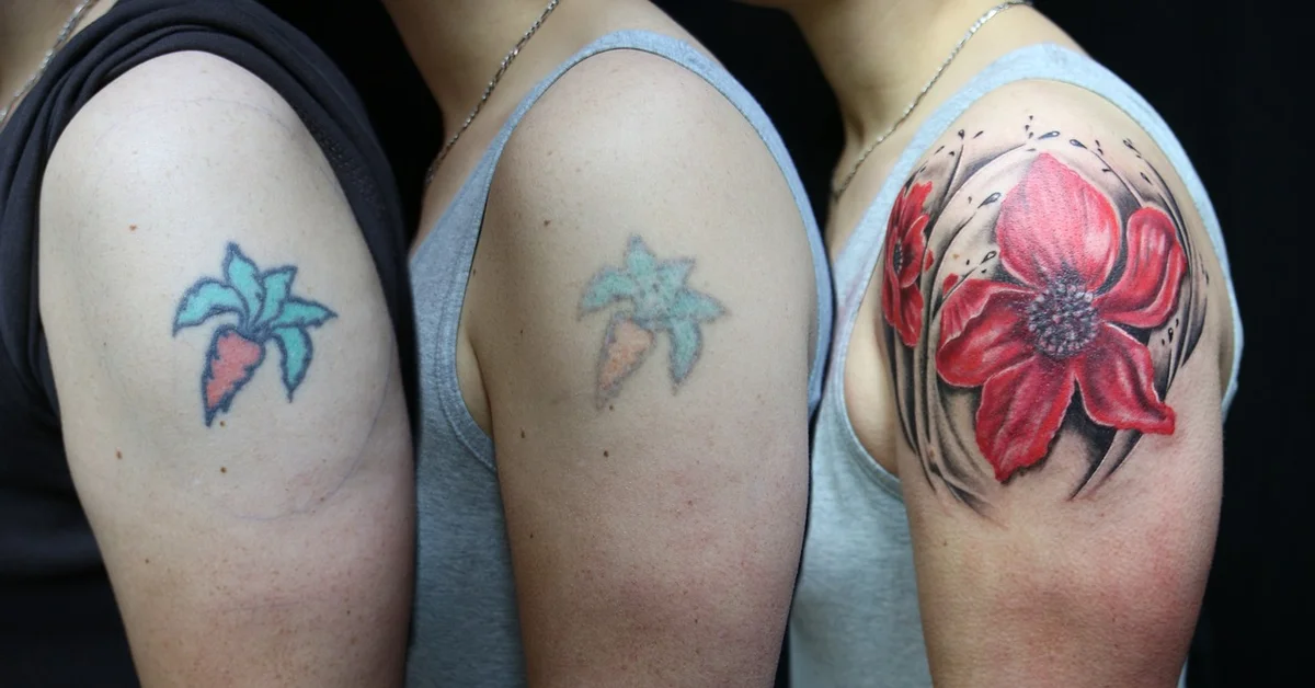 Three upper arms with tattoos: left shows a small turquoise palm-tree tattoo on light skin, middle shows a lighter, faded palm-tree tattoo, and right shows a large red flower tattoo on dark skin.