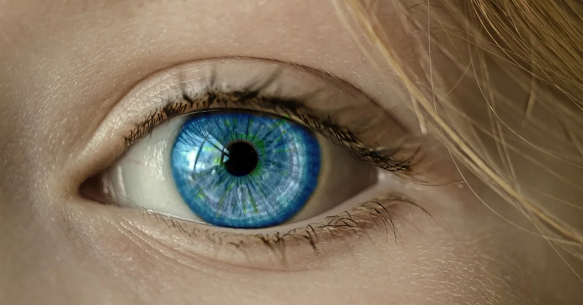 Close-up of a bright blue eye with a striking iris.
