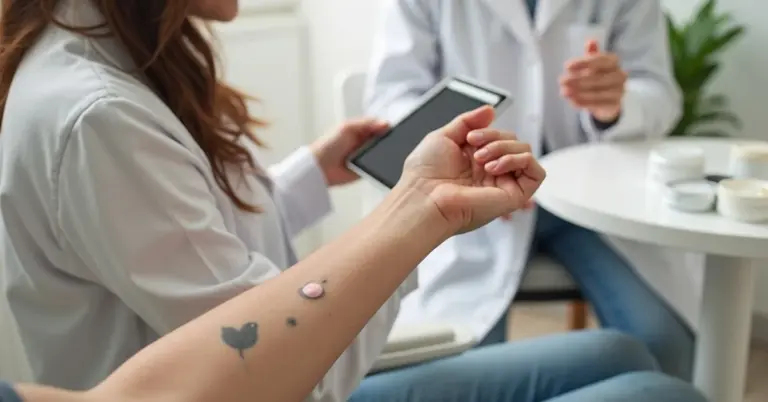 Close-up of a forearm with a small tattoo during a consultation with a clinician seated nearby, who holds a device and a tablet.