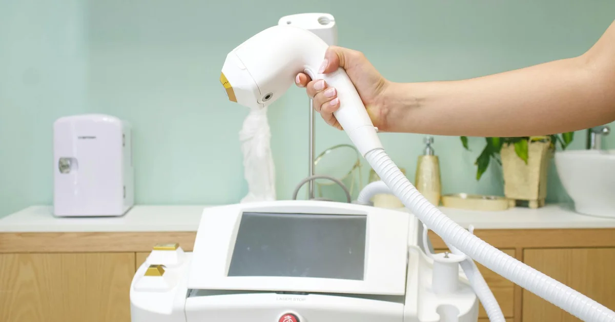 Close-up of a clinician holding a tattoo removal laser device in a treatment room.
