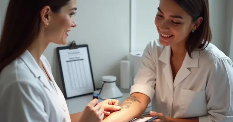Two clinicians in white coats discuss tattoo removal on a patient’s forearm in a clinic.