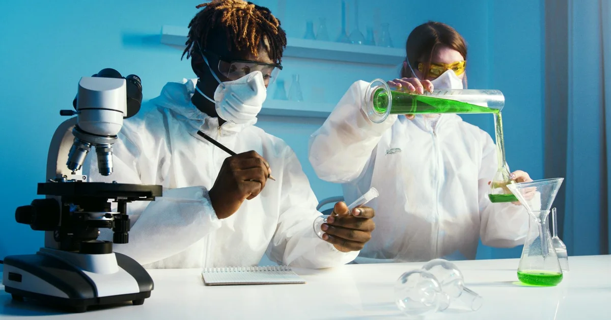 Two scientists wearing lab coats, masks, and gloves perform an experiment at a lab bench; one pours a green liquid from a flask into a beaker while the other writes notes.