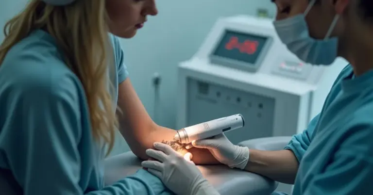Medical professionals in blue scrubs and gloves perform laser tattoo removal on a client’s forearm using a handheld device, with a monitor visible in the background.