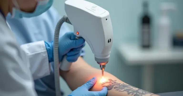 Medical professional in gloves using a laser device on a tattooed forearm.
