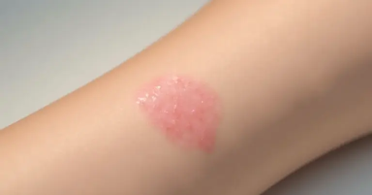 Close-up of a healing removal site on the skin: a pink, slightly raised patch indicating early wound healing.
