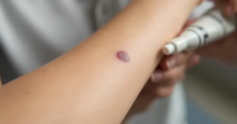Close-up of a forearm showing a small circular healing spot from saline tattoo removal as a practitioner applies topical treatment.