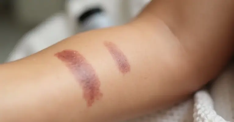 Close-up of an arm forearm with two brownish patches where tattoos were removed, illustrating post-treatment hyperpigmentation.