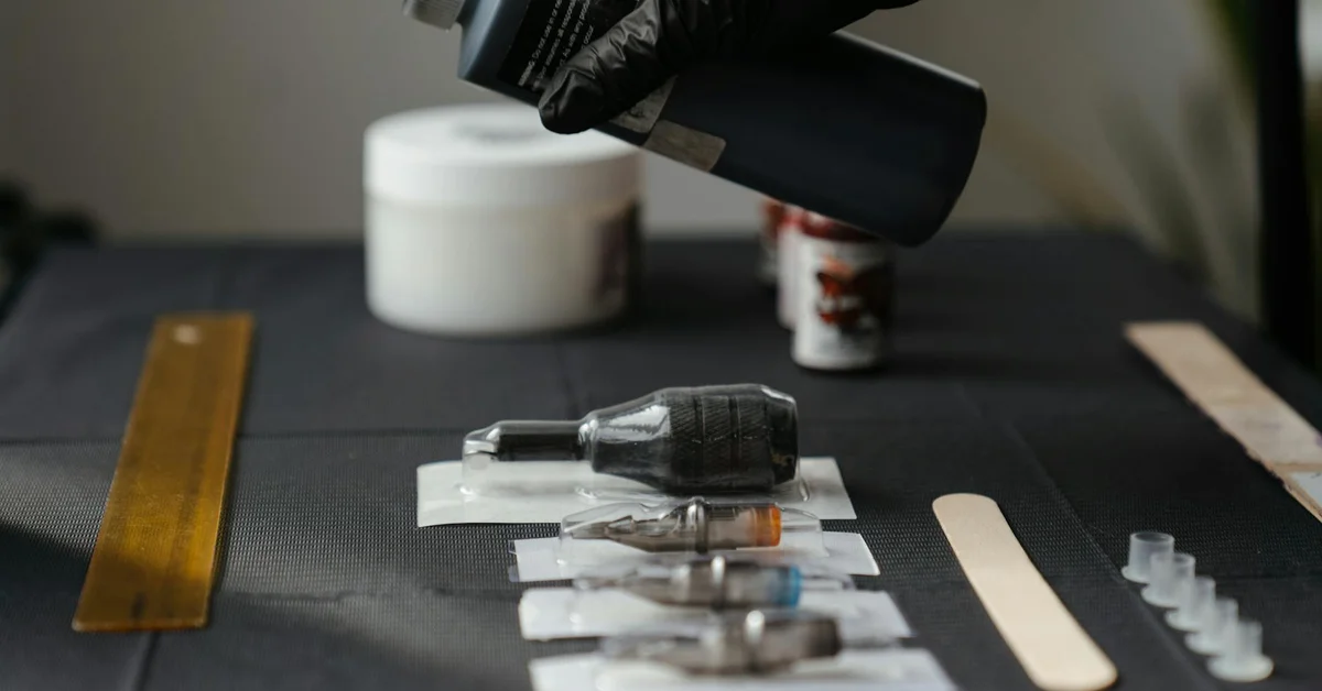 A laser tattoo removal device held above a workstation with sterilized tools, rulers, and small containers laid out on a dark mat