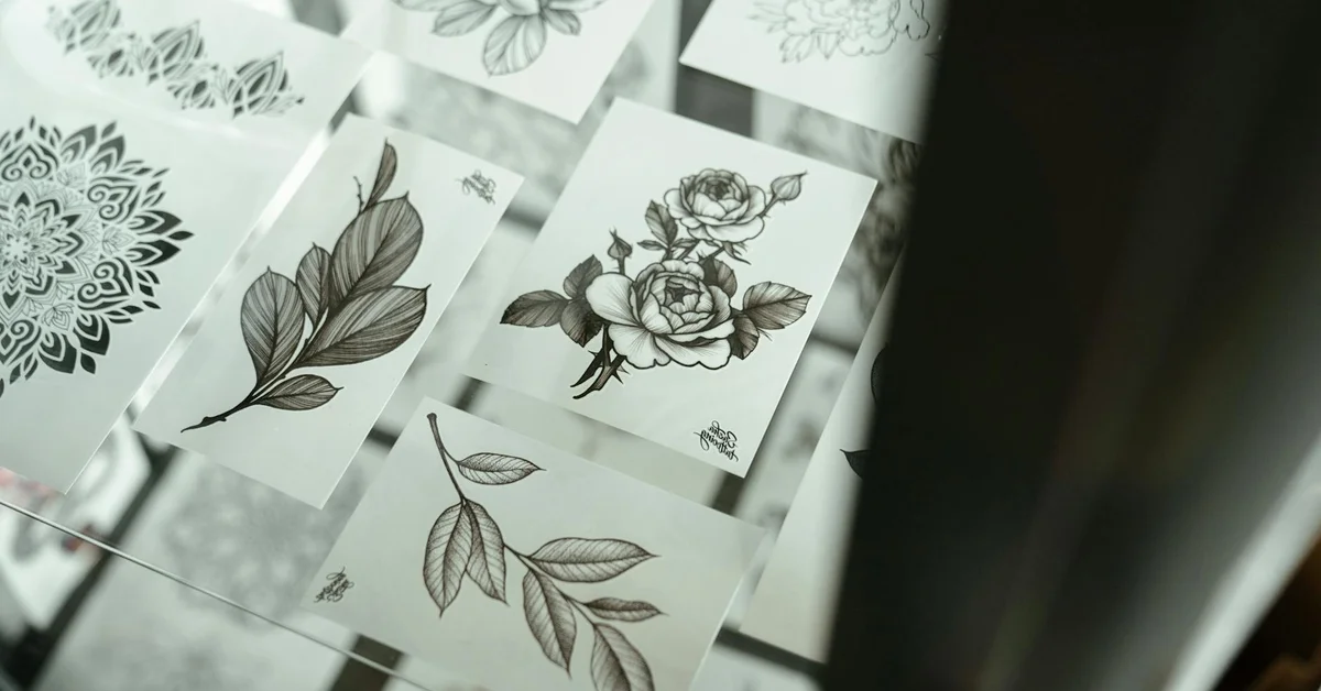 Collection of black and gray botanical tattoo sketches on white cards arranged on a glass surface