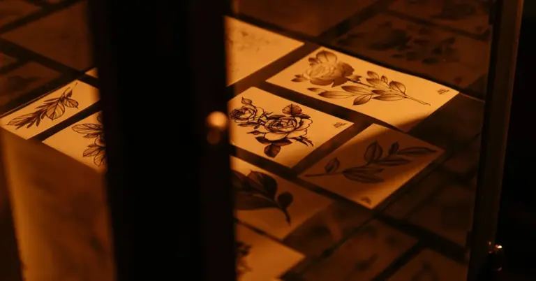 Warm, amber-lit display of tattoo flash sheets on a tiled floor, viewed through a glass panel.