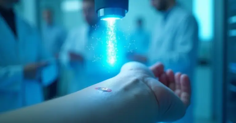 Medical researchers perform a laser tattoo removal procedure on a forearm in a lab, with a bright blue laser and protective equipment visible, illustrating emerging tattoo removal technologies.