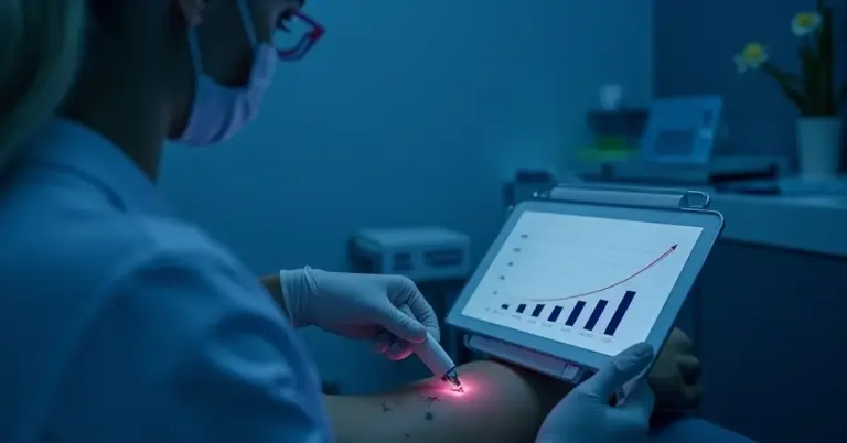 Clinician performing laser tattoo removal on a patient's arm while a tablet shows a rising graph.