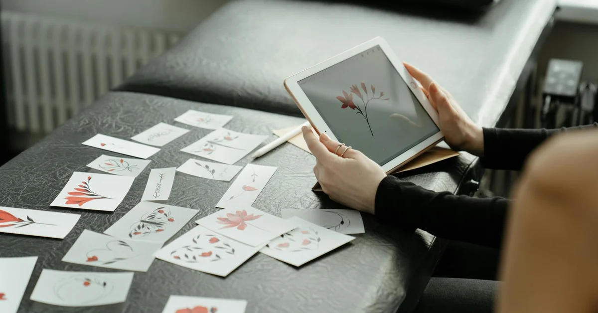 Person holding a tablet while sorting botanical illustration cards on a table, planning a treatment plan.