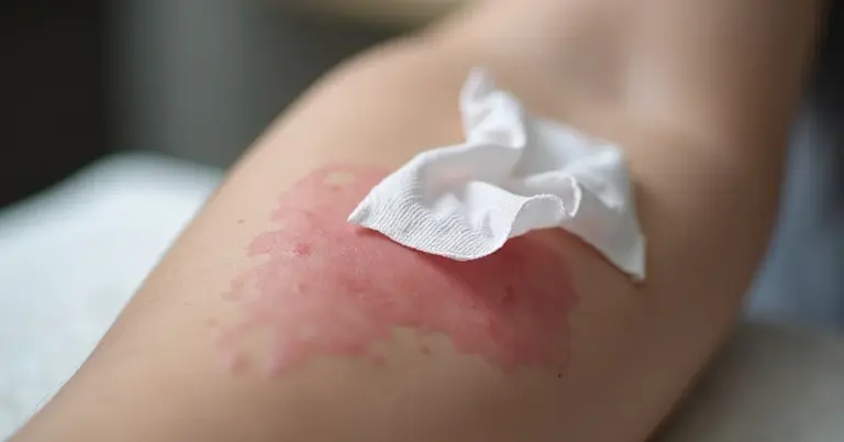 Close-up of inflamed, reddened skin on an arm with a small gauze pad resting on the swollen area after a tattoo removal session.