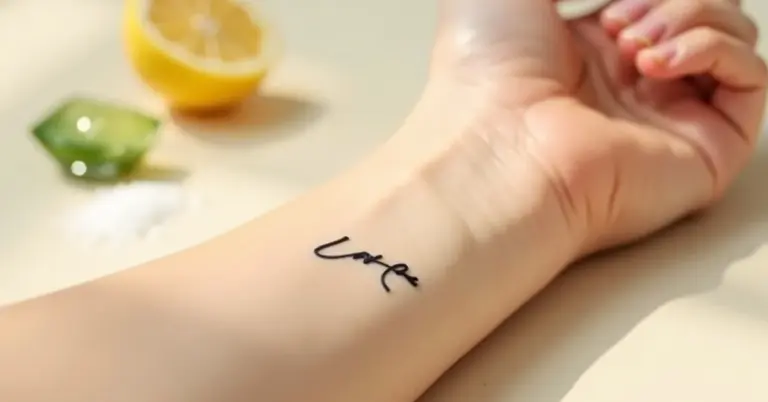 Close-up of a small cursive tattoo reading 'love' on a person's inner wrist, with a lemon and lime blurred in the background.