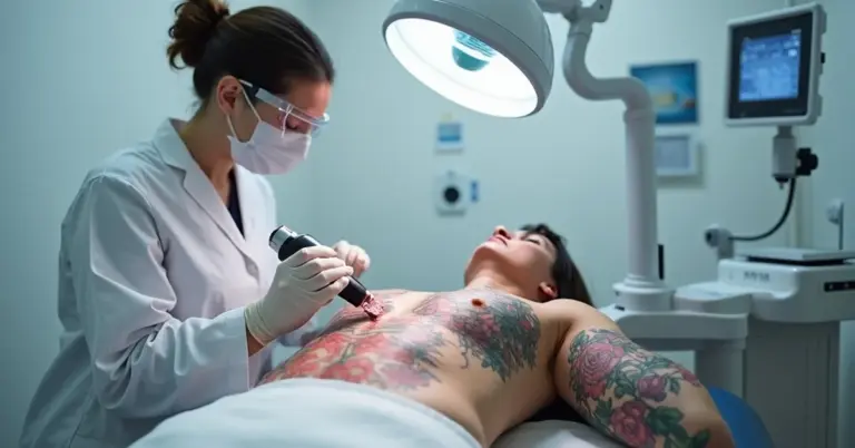 Medical professional wearing a mask and gloves performs laser tattoo removal on a large tattoo spanning the chest and arm of a patient in a clinical setting.