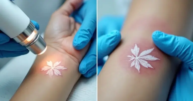 Close-up of a forearm undergoing laser removal of a white ink leaf tattoo. A practitioner wearing blue gloves holds a laser handpiece against the skin, while a second image shows the same site during treatment, highlighting precision and redness.